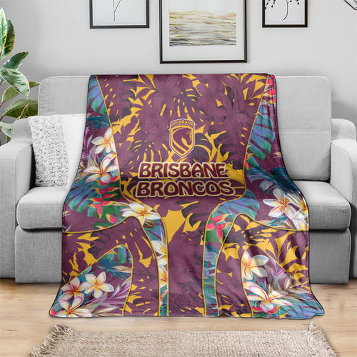 Brisbane Broncos Blanket Tropical Hibiscus Floral Pattern With Maroon And Yellow Accents