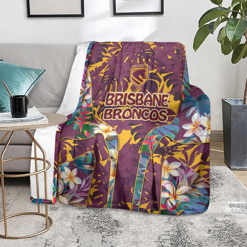 Brisbane Broncos Blanket Tropical Hibiscus Floral Pattern With Maroon And Yellow Accents