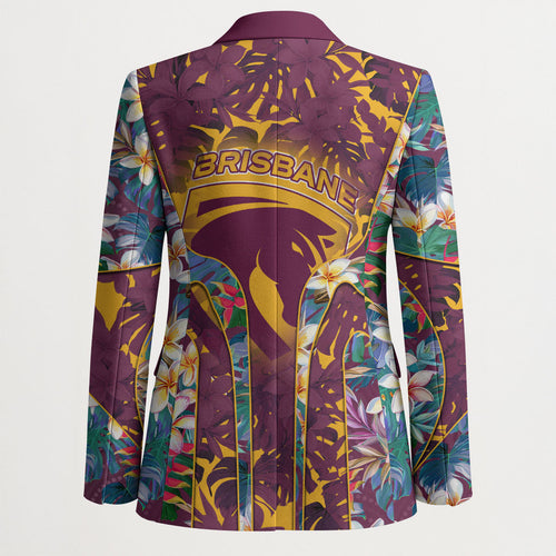 Brisbane Broncos Blazer Tropical Hibiscus Floral Pattern With Maroon And Yellow Accents