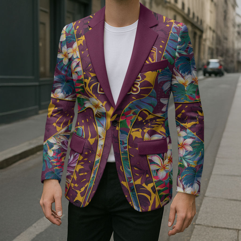 Brisbane Broncos Blazer Tropical Hibiscus Floral Pattern With Maroon And Yellow Accents