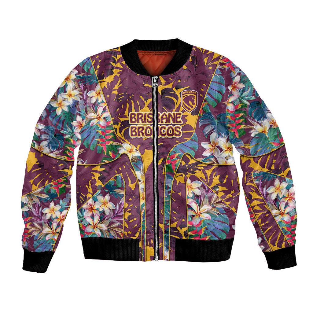Brisbane Broncos Bomber Jacket Tropical Hibiscus Floral Pattern With Maroon And Yellow Accents