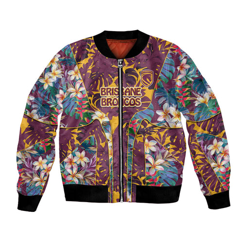 Brisbane Broncos Bomber Jacket Tropical Hibiscus Floral Pattern With Maroon And Yellow Accents