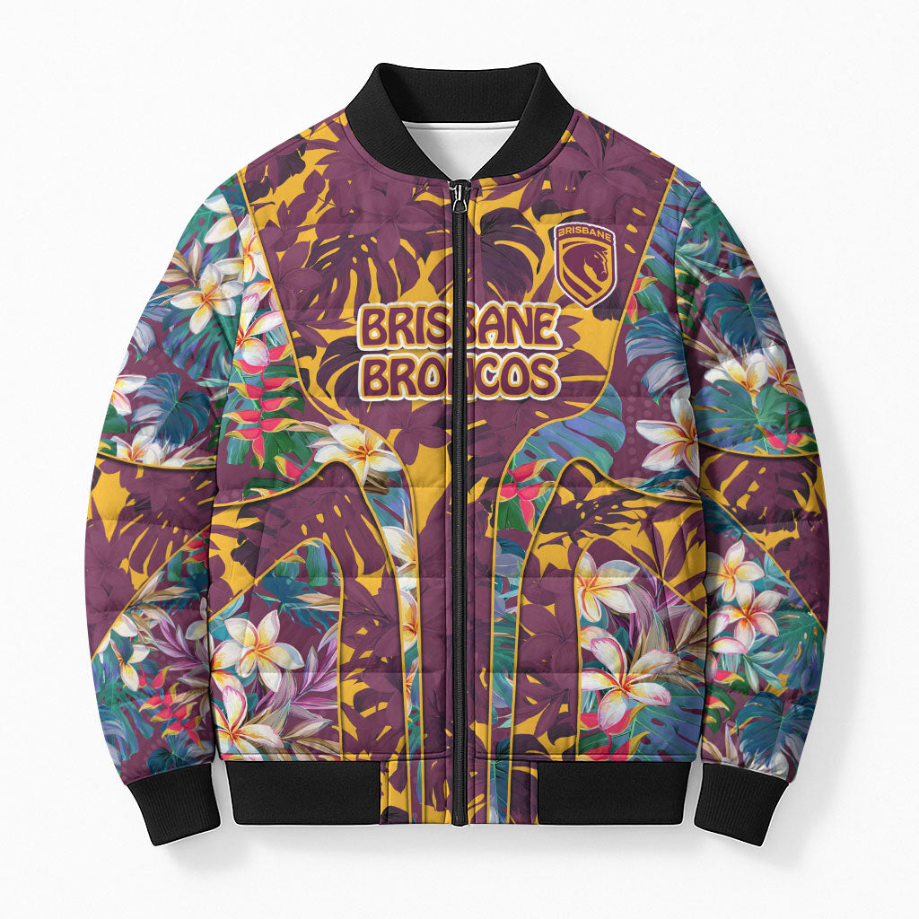 Brisbane Broncos Bomber Puffer Jacket Tropical Hibiscus Floral Pattern With Maroon And Yellow Accents