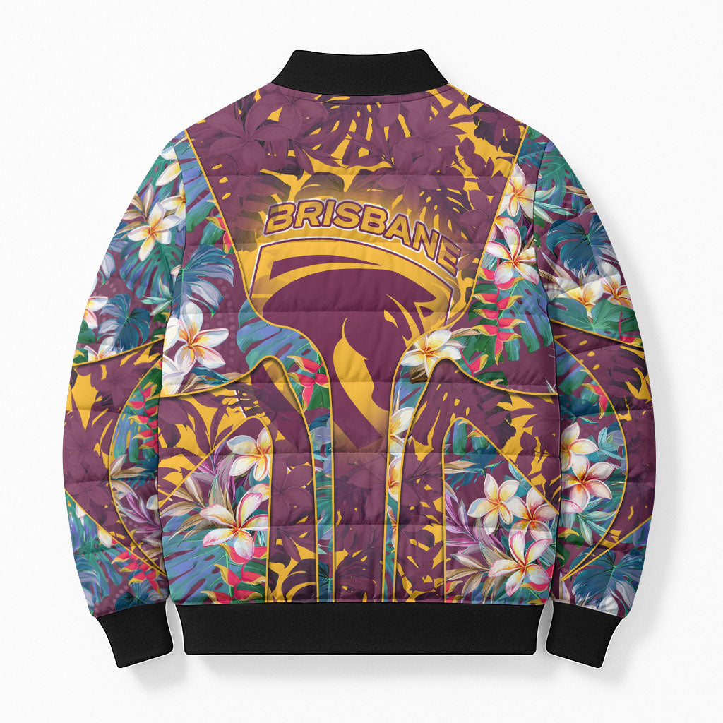 Brisbane Broncos Bomber Puffer Jacket Tropical Hibiscus Floral Pattern With Maroon And Yellow Accents