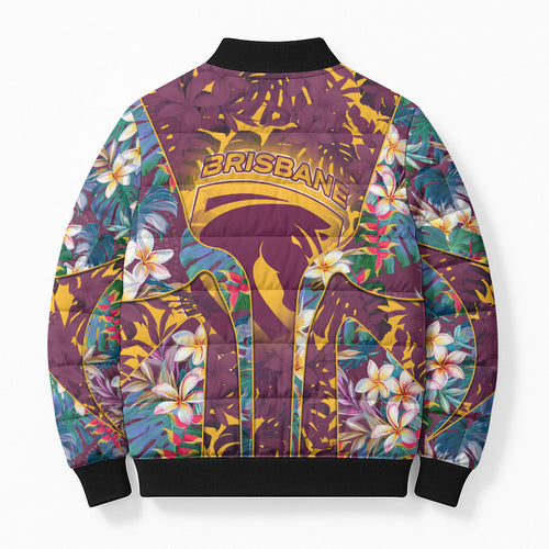 Brisbane Broncos Bomber Puffer Jacket Tropical Hibiscus Floral Pattern With Maroon And Yellow Accents