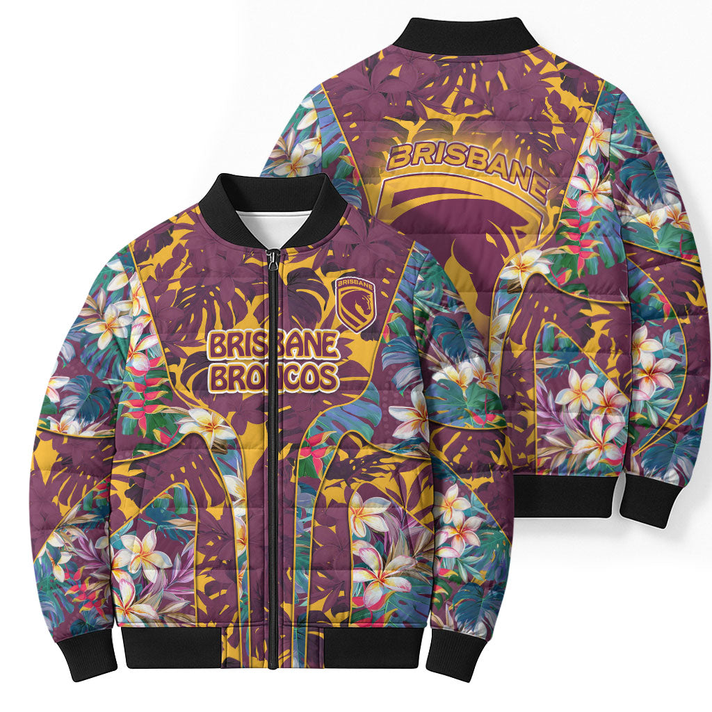 Brisbane Broncos Bomber Puffer Jacket Tropical Hibiscus Floral Pattern With Maroon And Yellow Accents