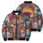 Brisbane Broncos Bomber Puffer Jacket Tropical Hibiscus Floral Pattern With Maroon And Yellow Accents