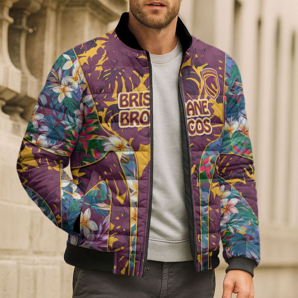 Brisbane Broncos Bomber Puffer Jacket Tropical Hibiscus Floral Pattern With Maroon And Yellow Accents