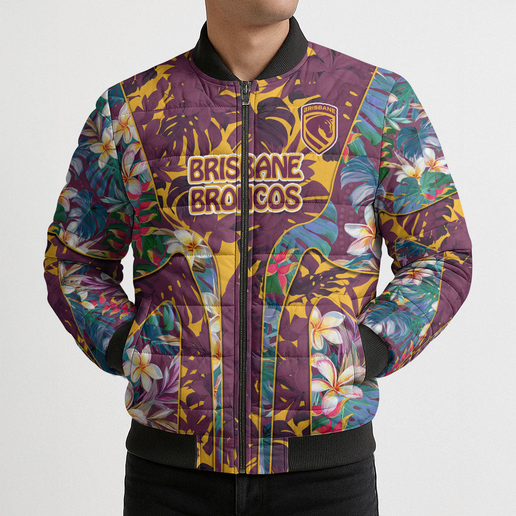 Brisbane Broncos Bomber Puffer Jacket Tropical Hibiscus Floral Pattern With Maroon And Yellow Accents