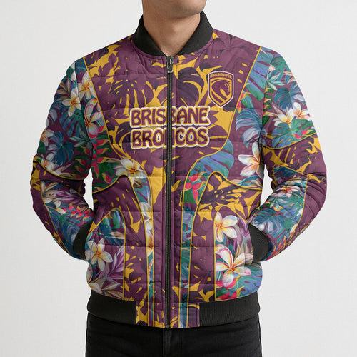 Brisbane Broncos Bomber Puffer Jacket Tropical Hibiscus Floral Pattern With Maroon And Yellow Accents