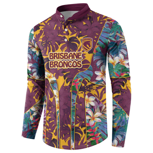 Brisbane Broncos Button Sweatshirt Tropical Hibiscus Floral Pattern With Maroon And Yellow Accents