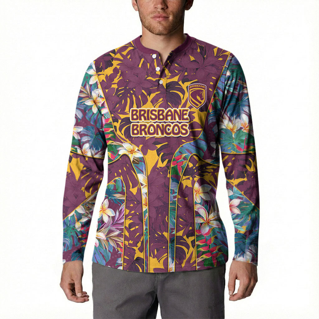 Brisbane Broncos Button Sweatshirt Tropical Hibiscus Floral Pattern With Maroon And Yellow Accents