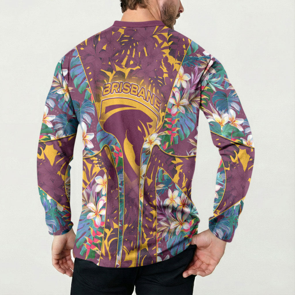 Brisbane Broncos Button Sweatshirt Tropical Hibiscus Floral Pattern With Maroon And Yellow Accents