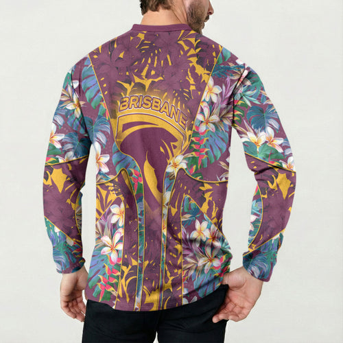 Brisbane Broncos Button Sweatshirt Tropical Hibiscus Floral Pattern With Maroon And Yellow Accents