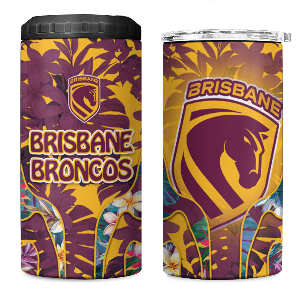 Brisbane Broncos 4 in 1 Can Cooler Tumbler Tropical Hibiscus Floral Pattern With Maroon And Yellow Accents