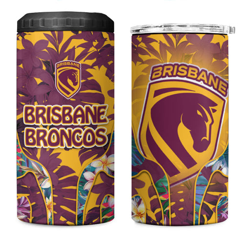 Brisbane Broncos 4 in 1 Can Cooler Tumbler Tropical Hibiscus Floral Pattern With Maroon And Yellow Accents