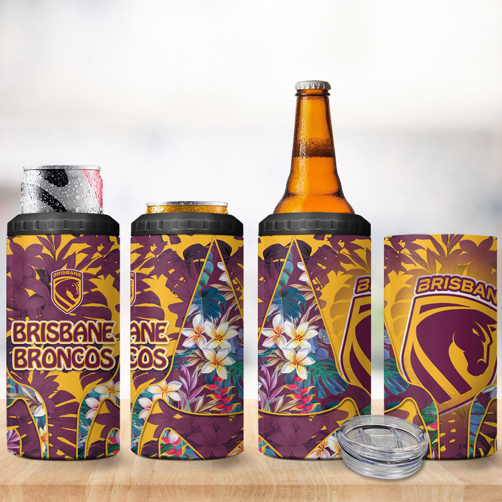 Brisbane Broncos 4 in 1 Can Cooler Tumbler Tropical Hibiscus Floral Pattern With Maroon And Yellow Accents