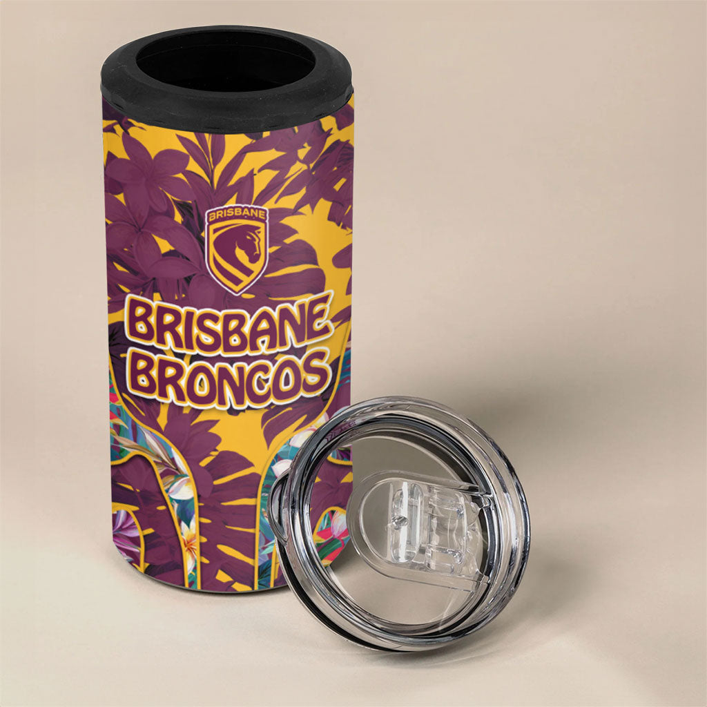 Brisbane Broncos 4 in 1 Can Cooler Tumbler Tropical Hibiscus Floral Pattern With Maroon And Yellow Accents
