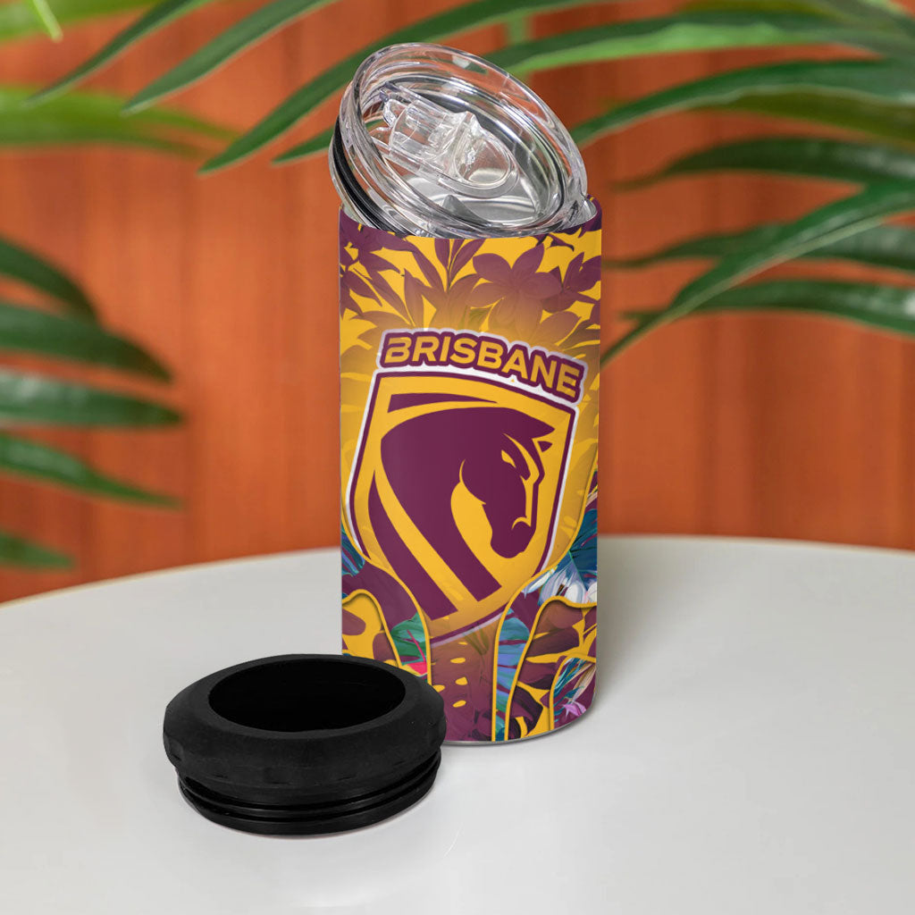 Brisbane Broncos 4 in 1 Can Cooler Tumbler Tropical Hibiscus Floral Pattern With Maroon And Yellow Accents