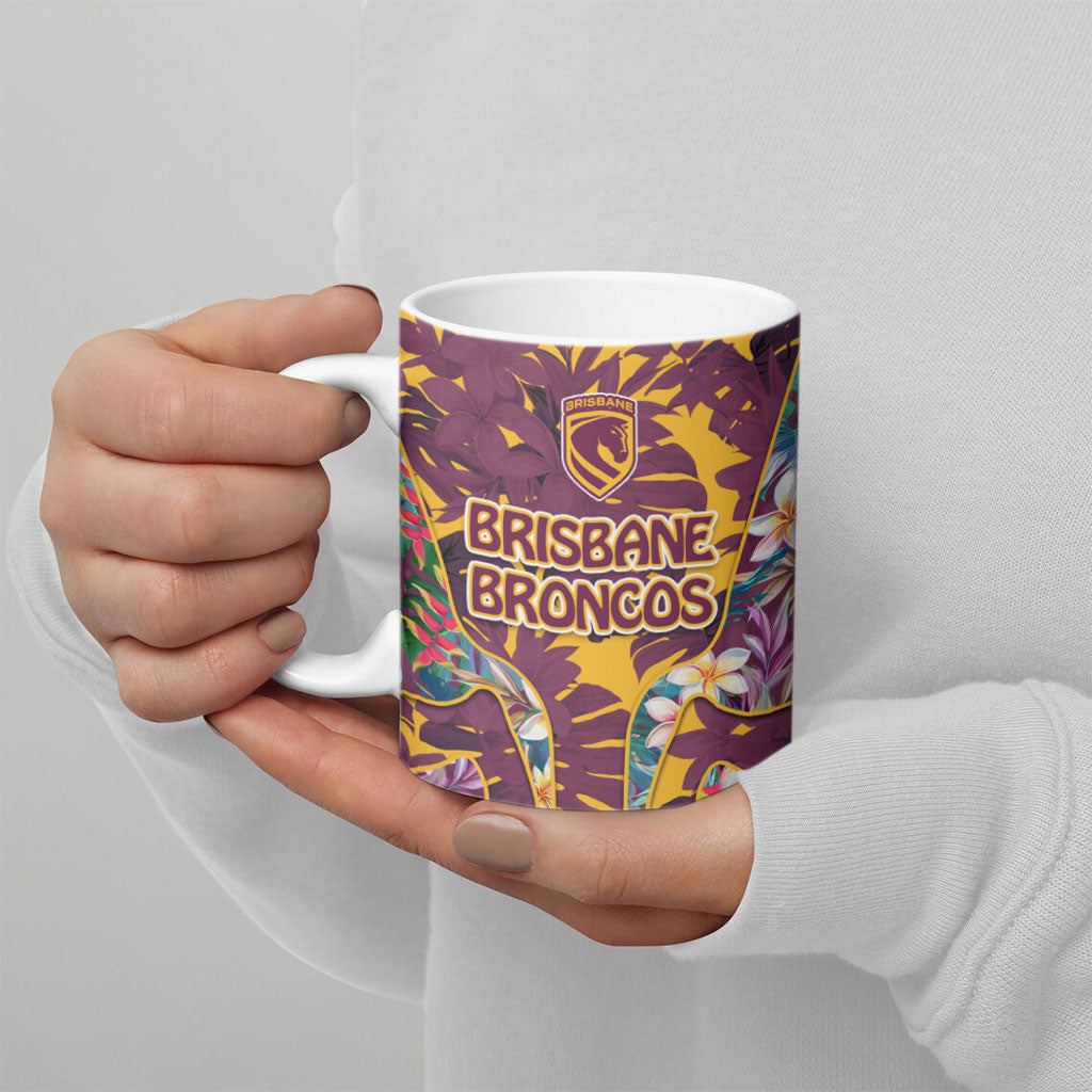Brisbane Broncos Ceramic Mug Tropical Hibiscus Floral Pattern With Maroon And Yellow Accents