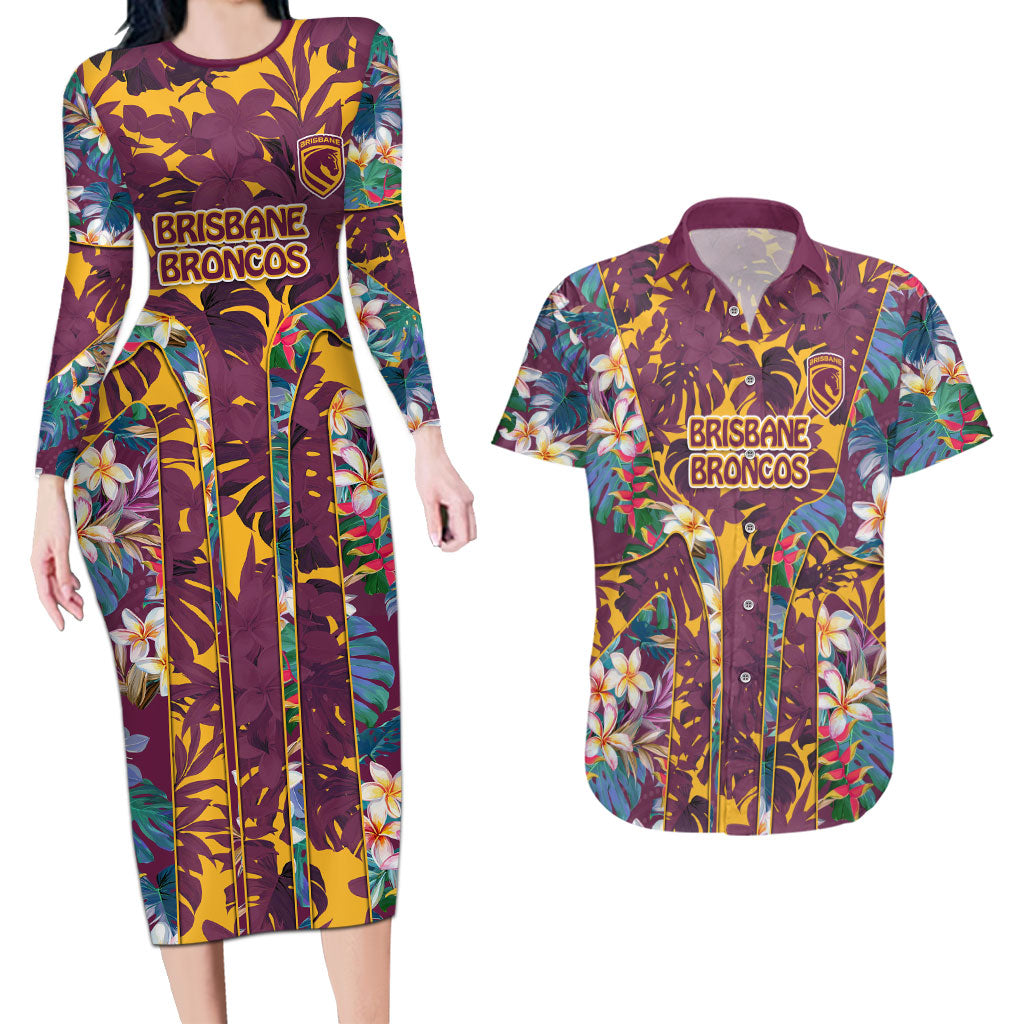 Brisbane Broncos Couples Matching Long Sleeve Bodycon Dress and Hawaiian Shirt Tropical Hibiscus Floral Pattern With Maroon And Yellow Accents