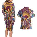 Brisbane Broncos Couples Matching Long Sleeve Bodycon Dress and Hawaiian Shirt Tropical Hibiscus Floral Pattern With Maroon And Yellow Accents
