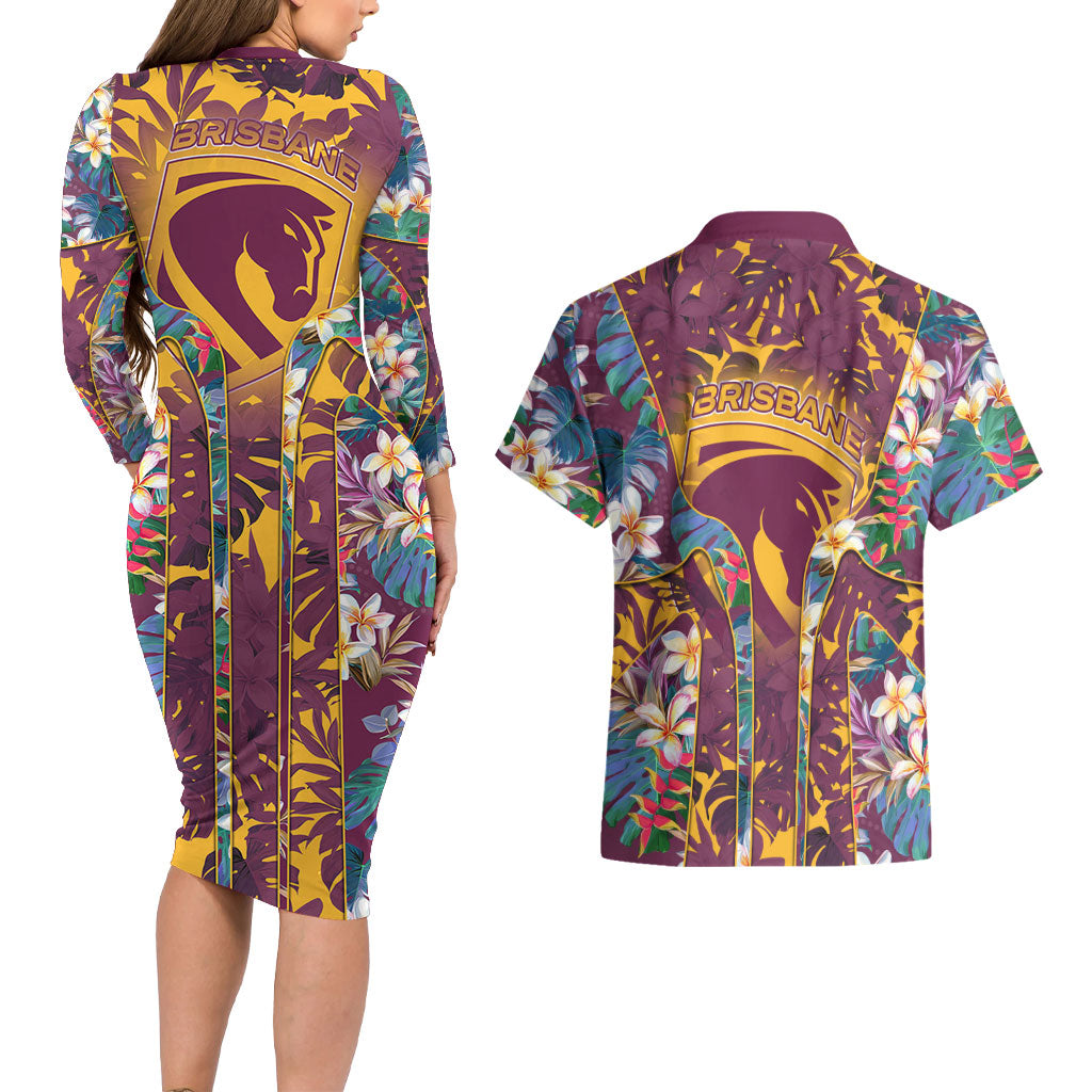 Brisbane Broncos Couples Matching Long Sleeve Bodycon Dress and Hawaiian Shirt Tropical Hibiscus Floral Pattern With Maroon And Yellow Accents