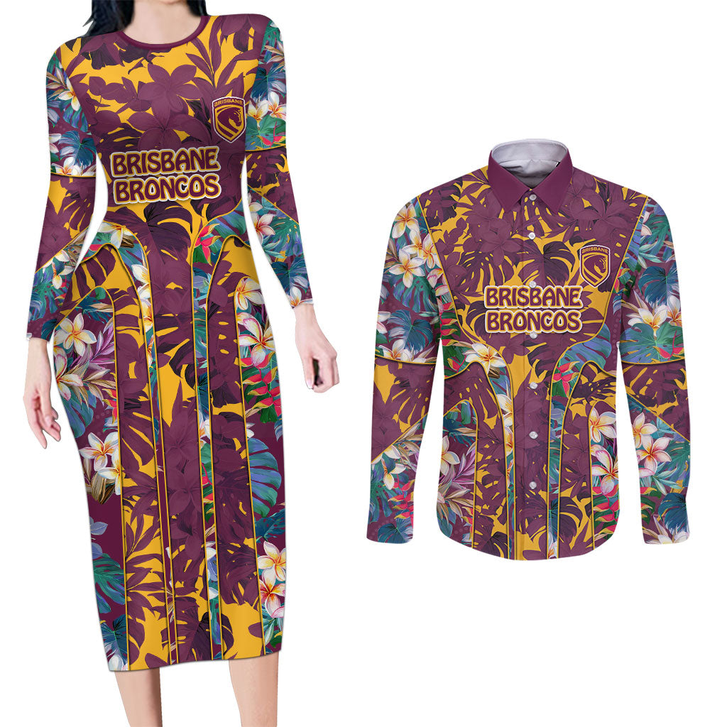 Brisbane Broncos Couples Matching Long Sleeve Bodycon Dress and Long Sleeve Button Shirt Tropical Hibiscus Floral Pattern With Maroon And Yellow Accents