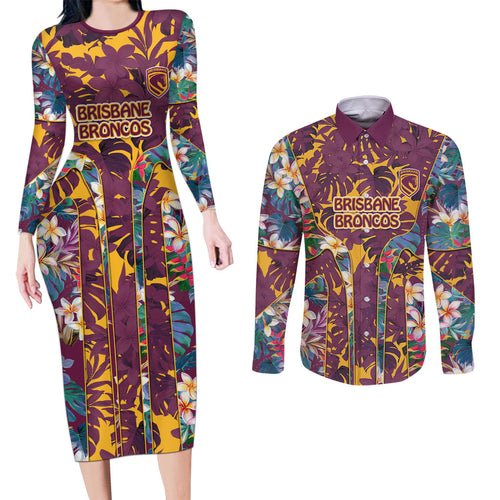 Brisbane Broncos Couples Matching Long Sleeve Bodycon Dress and Long Sleeve Button Shirt Tropical Hibiscus Floral Pattern With Maroon And Yellow Accents