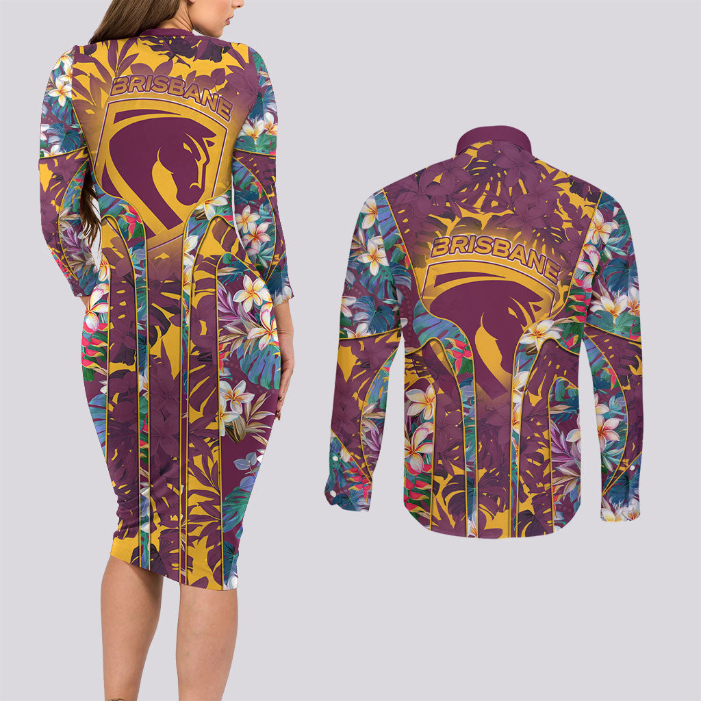 Brisbane Broncos Couples Matching Long Sleeve Bodycon Dress and Long Sleeve Button Shirt Tropical Hibiscus Floral Pattern With Maroon And Yellow Accents