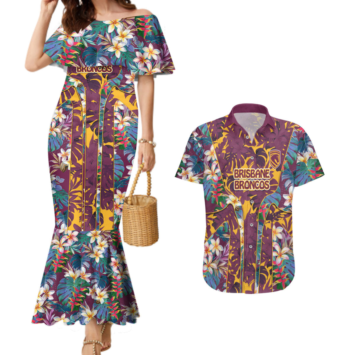 Brisbane Broncos Couples Matching Mermaid Dress and Hawaiian Shirt Tropical Hibiscus Floral Pattern With Maroon And Yellow Accents