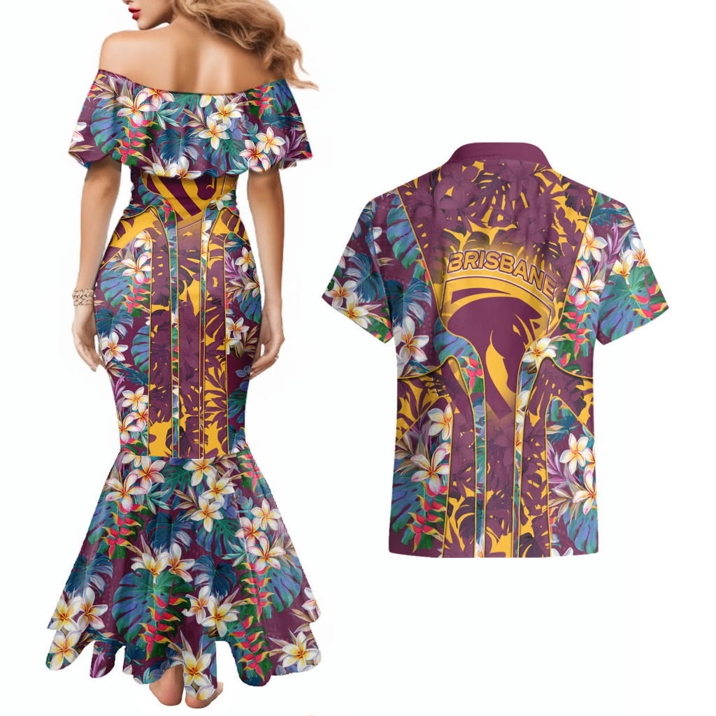 Brisbane Broncos Couples Matching Mermaid Dress and Hawaiian Shirt Tropical Hibiscus Floral Pattern With Maroon And Yellow Accents