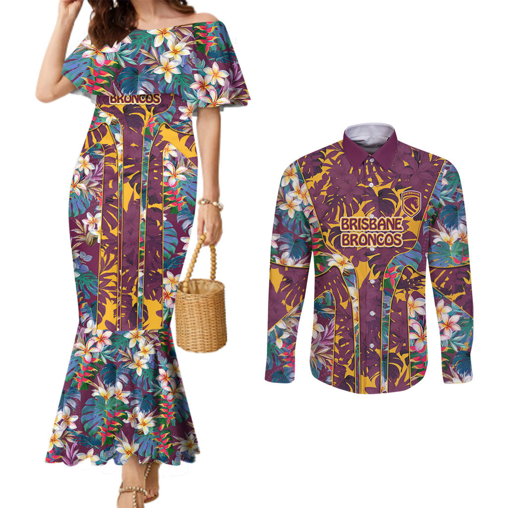Brisbane Broncos Couples Matching Mermaid Dress and Long Sleeve Button Shirt Tropical Hibiscus Floral Pattern With Maroon And Yellow Accents