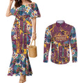 Brisbane Broncos Couples Matching Mermaid Dress and Long Sleeve Button Shirt Tropical Hibiscus Floral Pattern With Maroon And Yellow Accents