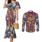 Brisbane Broncos Couples Matching Mermaid Dress and Long Sleeve Button Shirt Tropical Hibiscus Floral Pattern With Maroon And Yellow Accents