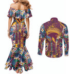 Brisbane Broncos Couples Matching Mermaid Dress and Long Sleeve Button Shirt Tropical Hibiscus Floral Pattern With Maroon And Yellow Accents