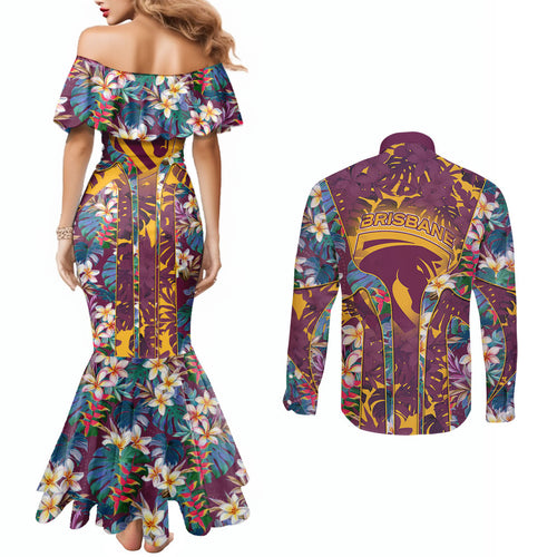 Brisbane Broncos Couples Matching Mermaid Dress and Long Sleeve Button Shirt Tropical Hibiscus Floral Pattern With Maroon And Yellow Accents