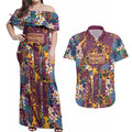 Brisbane Broncos Couples Matching Off Shoulder Maxi Dress and Hawaiian Shirt Tropical Hibiscus Floral Pattern With Maroon And Yellow Accents