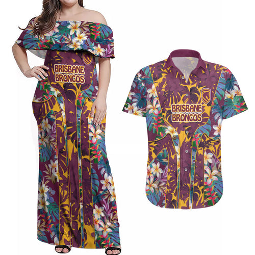 Brisbane Broncos Couples Matching Off Shoulder Maxi Dress and Hawaiian Shirt Tropical Hibiscus Floral Pattern With Maroon And Yellow Accents