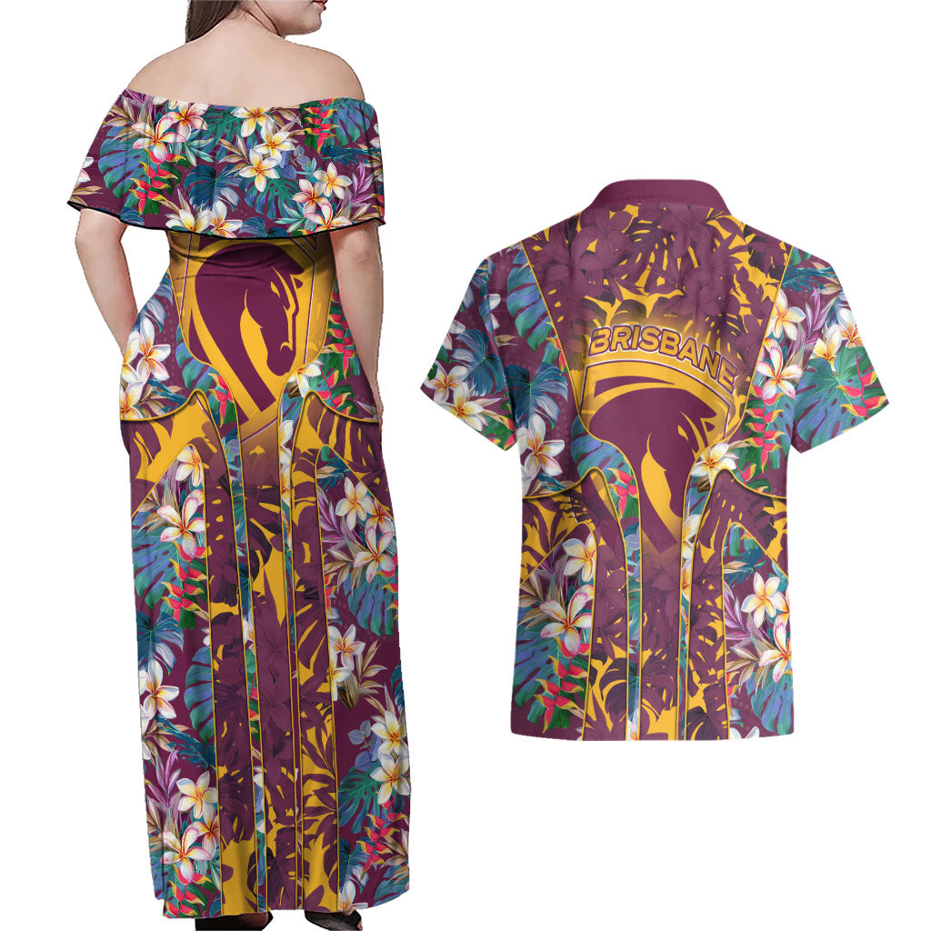 Brisbane Broncos Couples Matching Off Shoulder Maxi Dress and Hawaiian Shirt Tropical Hibiscus Floral Pattern With Maroon And Yellow Accents