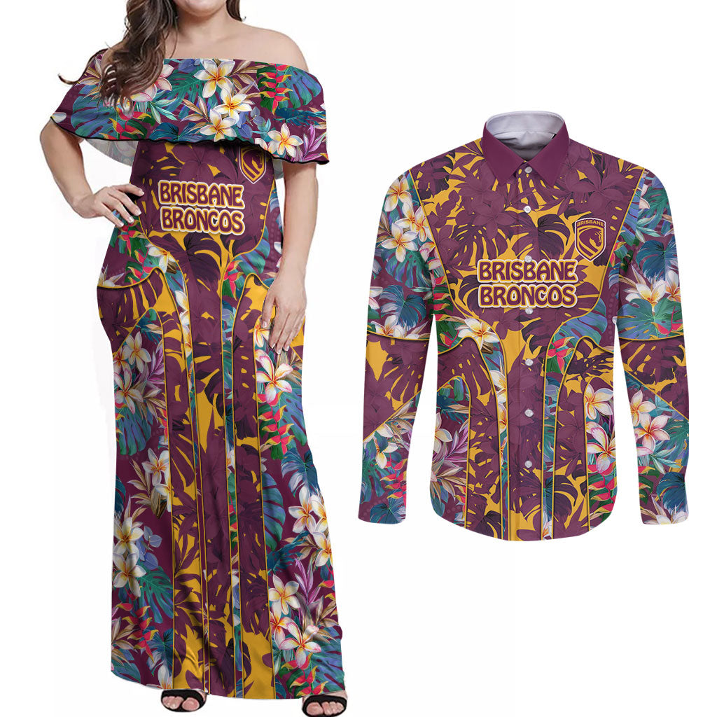 Brisbane Broncos Couples Matching Off Shoulder Maxi Dress and Long Sleeve Button Shirt Tropical Hibiscus Floral Pattern With Maroon And Yellow Accents