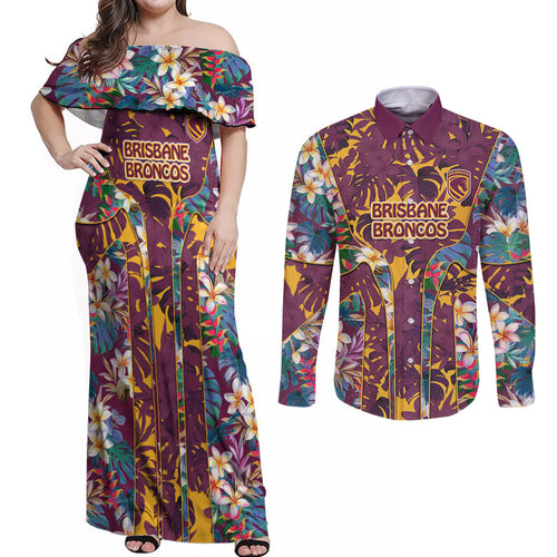 Brisbane Broncos Couples Matching Off Shoulder Maxi Dress and Long Sleeve Button Shirt Tropical Hibiscus Floral Pattern With Maroon And Yellow Accents