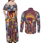 Brisbane Broncos Couples Matching Off Shoulder Maxi Dress and Long Sleeve Button Shirt Tropical Hibiscus Floral Pattern With Maroon And Yellow Accents