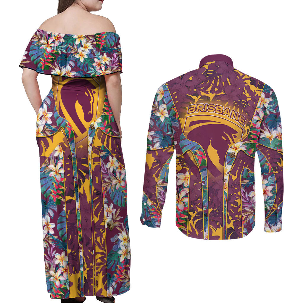 Brisbane Broncos Couples Matching Off Shoulder Maxi Dress and Long Sleeve Button Shirt Tropical Hibiscus Floral Pattern With Maroon And Yellow Accents
