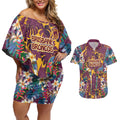Brisbane Broncos Couples Matching Off Shoulder Short Dress and Hawaiian Shirt Tropical Hibiscus Floral Pattern With Maroon And Yellow Accents