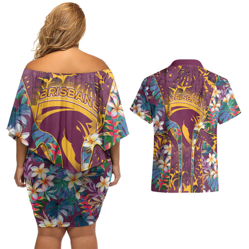 Brisbane Broncos Couples Matching Off Shoulder Short Dress and Hawaiian Shirt Tropical Hibiscus Floral Pattern With Maroon And Yellow Accents