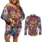Brisbane Broncos Couples Matching Off Shoulder Short Dress and Long Sleeve Button Shirt Tropical Hibiscus Floral Pattern With Maroon And Yellow Accents