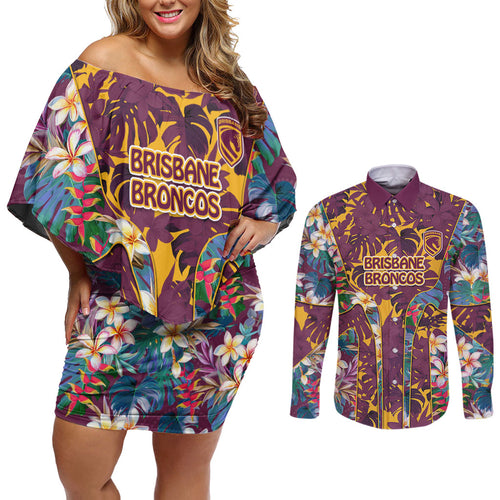 Brisbane Broncos Couples Matching Off Shoulder Short Dress and Long Sleeve Button Shirt Tropical Hibiscus Floral Pattern With Maroon And Yellow Accents