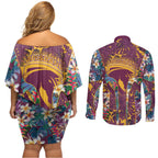Brisbane Broncos Couples Matching Off Shoulder Short Dress and Long Sleeve Button Shirt Tropical Hibiscus Floral Pattern With Maroon And Yellow Accents
