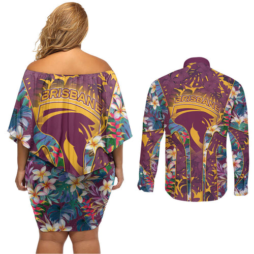 Brisbane Broncos Couples Matching Off Shoulder Short Dress and Long Sleeve Button Shirt Tropical Hibiscus Floral Pattern With Maroon And Yellow Accents